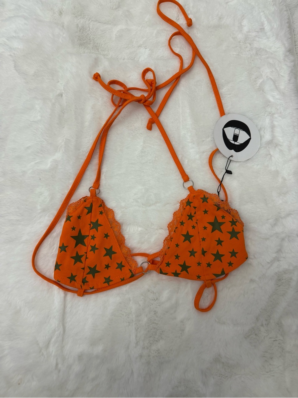 Capsulle Orange Star Print Triangle Bikini Top NWT Y2K Festival Swim M